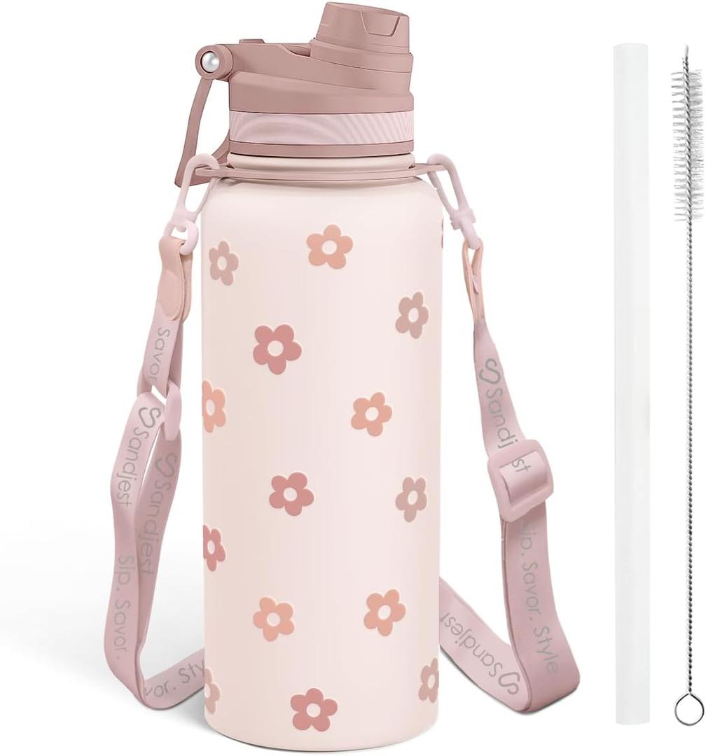 Beige Daisy Stainless Steel Water Bottle with Strap 32oz, Insulated Bottles with Straw and Spout Lid for Gym Sports Travel Outdoor, Gifts for Women Girls Birthday Christmas