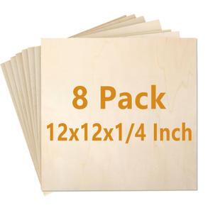 8 Pack Baltic Birch Plywood Sheets - 12 x 12 x 1/4 Inch, 6mm, Unfinished, for Painting, DIY Projects, Wood Burning, Architectural Models, Laser Cutting & Engraving