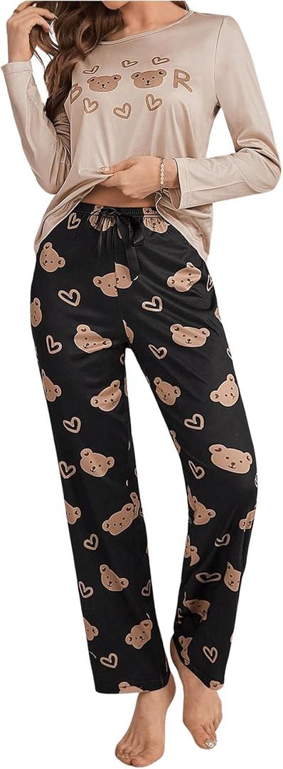 WDIRARA Women's Cartoon Bear Print Pajama Set Long Sleeve Top Pants 2 Piece Sleepwear Cute Pj Set (Large, Multicolor)
