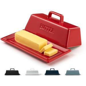 Butter Dish with Lid for Countertop, by Kook, Ceramic Dish Tray with Cover, Kitchen Keeper, Container, Holder (Red)