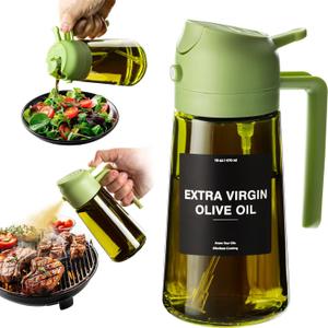 CXINYI - 16oz/470ml Olive Oil Dispenser for Kitchen with Stickers - 2 in 1 Olive Oil Sprayer for Cooking, Air Fryer, and Salad, Green (Light-Proof Kitchen Gadget)
