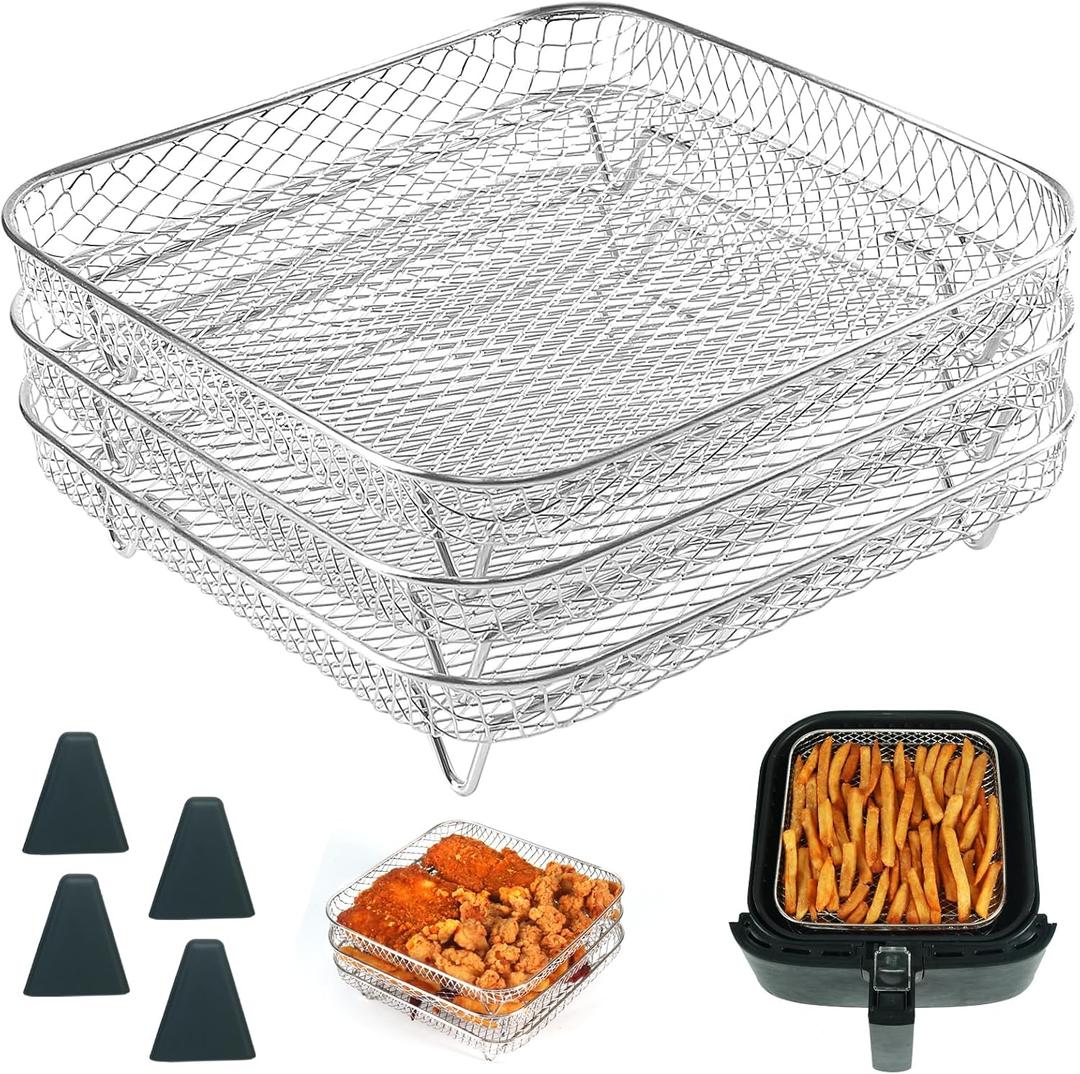 BYKITCHEN 8 inch Square Air Fryer Rack, 3pcs Stackable Stainless Steel Dehydrator Rack with Silicon Feet, Square Air Fryer Accessories for Cosori, Instant Vortex, Chefman Airfryer, Ninja Foodi Grill