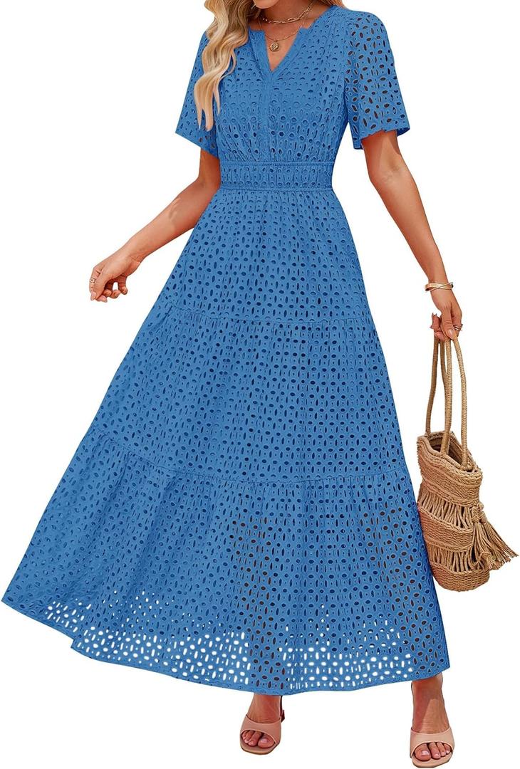ZESICA Women's 2025 Summer Short Sleeve Maxi Dress Casual V Neck Hollow Out Eyelet Ruffle Swing A Line Long Dresses, Large
