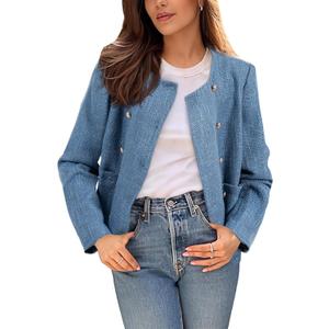 Happy Sailed Womens Cropped Tweed Blazers Casual Long Sleeve Double Breasted Open Front Blazer Jackets Work Suits (Medium, Dark Blue)