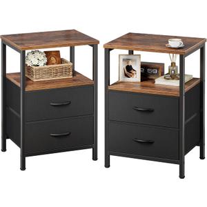 Huuger Night Stand Set of 2, Nightstand with 2 Drawers, Bed Side Table with Open Shelf, Wooden Top, End Table, Fabric Drawer, for Bedroom, Rustic Brown and Black