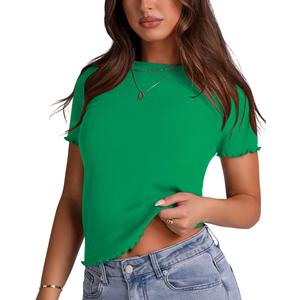 LOMON Women's Crew Neck Short Sleeves T Shirts Ribbed Summer Basic Tees Lettuce Edge Tops Green Small
