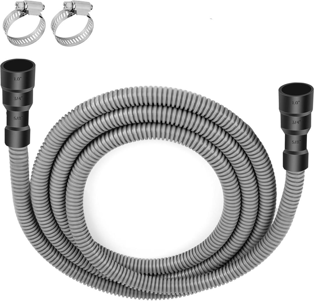 Universal Dishwasher Drain Hose, 10 Ft Dishwasher Discharge Hose Extension, Corrugated and Flexible Dishwasher Hose Drain Replacement Fits 5/8", 3/4", 1" Dishwasher End, with 2 Clamps (Gray)