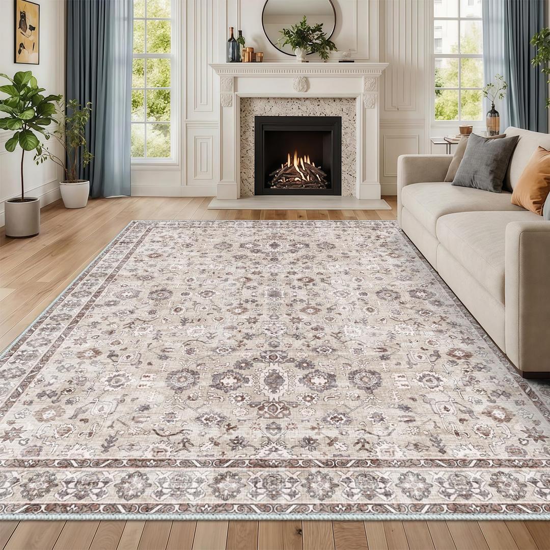 Washable 9x9 Square Rugs for Living Room, Vintage 9' Square Area Rug for Dining Room Bedroom, Ultra Soft Non Slip Stain Resistant Floral Large Floor Carpet Décor 9x9 Beige