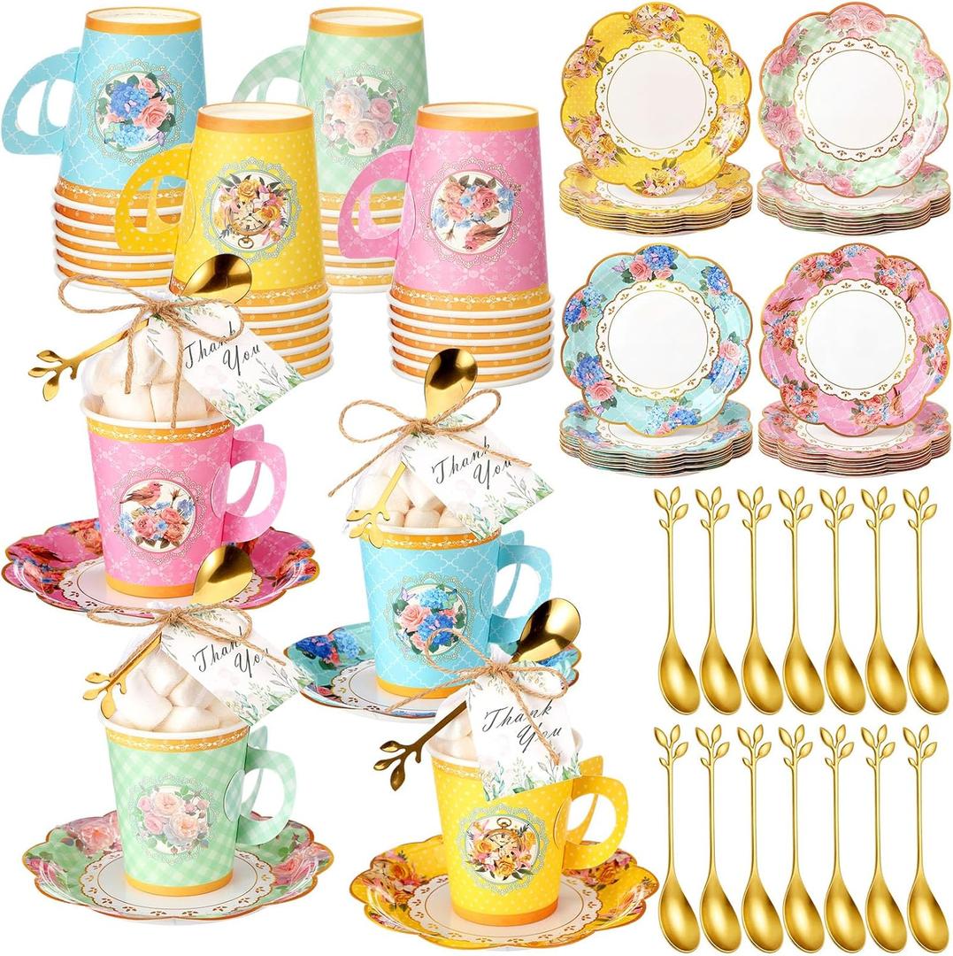 125 Pcs Tea Party Favors Set Floral Paper Teacups with Saucers, Vintage Style Tea Spoons, Disposable Spring Party Supplies for Hot or Cold Drinks, Ideal for Birthday Baby Shower Bridal