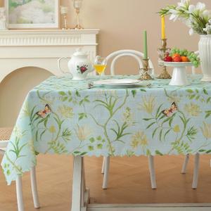 Rectangle Waterproof Tablecloth Linen Textured Table Cloth,Stain and Wrinkle Resistant Washable Fabric Table Cover for Dining, Party, Camping and Outdoor, 60 x 120 Inch, Green Leaves