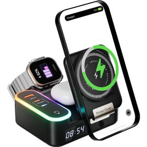 Wireless Charger 8in1 Magnetic Wireless Charger Fast Charging Station for iPhone, 65W Fast Foldable Charger with LED Clock, USB-C/A Ports, Multi-Device Charging, Travel Charged, MagSafe Compatible