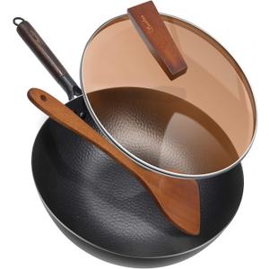 Carbon Steel Wok Pan with Lid & Wood Spatula, 12.5" Cast Iron Stir Fry Pan with Flat Bottom and Wooden Handle for Electric, Induction and Gas Stoves (Brown)