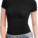 PUMIEY Women's Crew Neck Short Sleeve Tops Double Lined Slim Fit T Shirts Basic Tee Smoke Cloud Pro Collection (Black, M)