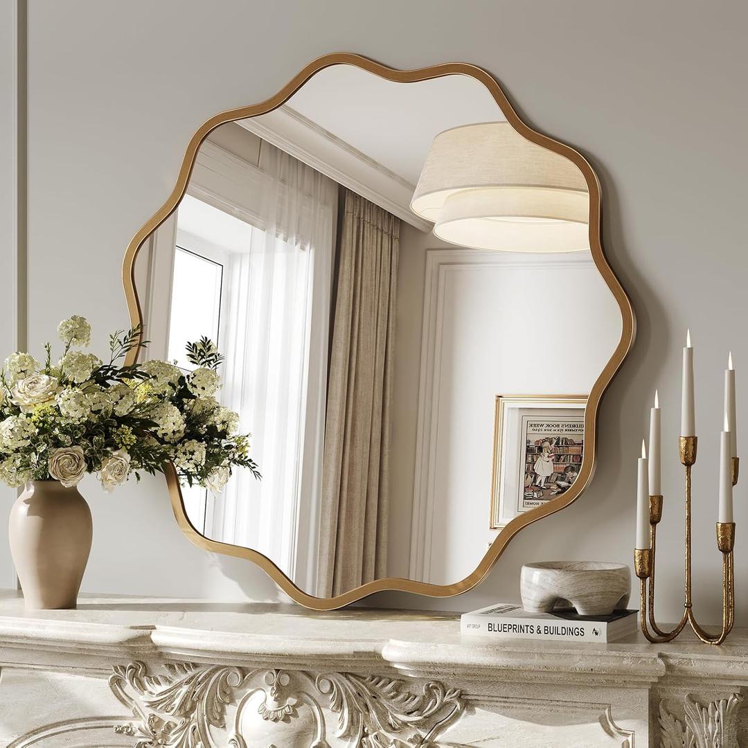 Brightify 30 Inch Round Wall Mirror, Circle Wavy Mirrors with Metal Frame, Round Gold Bathroom Wall Mirror for Over Sink, Living Room, Vanity, Bedroom, Entryway, Fireplace