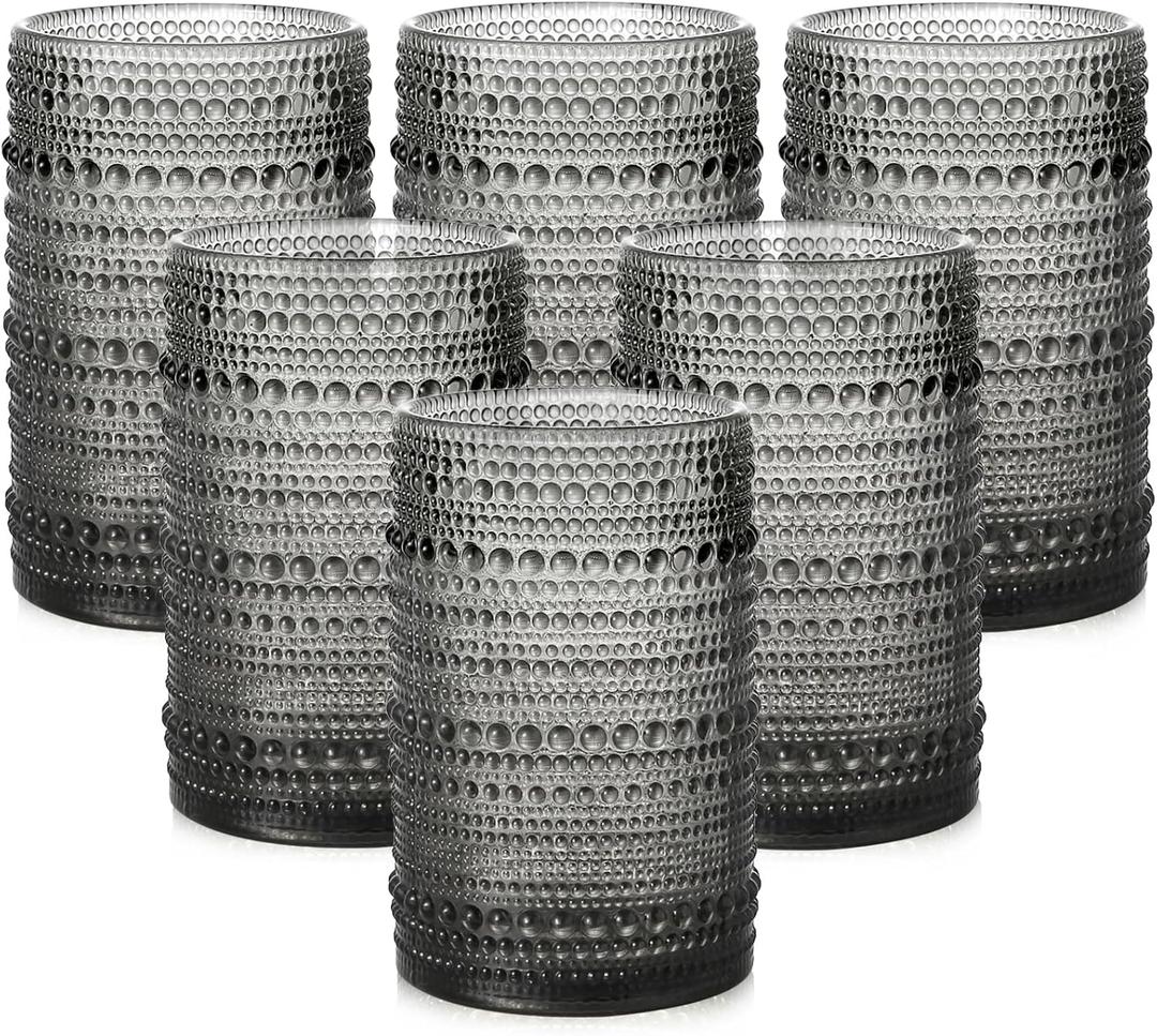 ZMOWIPDL Vintage Glassware Drinking Glasses Set of 6,15 oz Hobnail Glass Cups,Embossed Grey Water Tumbler,for Beer,Cocktail,Whiskey,Juice and Various Mixed Drinks- 1 Cleaning Brush (Gray)