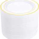 bUCLA 100Pieces Gold Plastic Dinner Plates - 10.25inch White and Gold Plates Disposable for Party - Ideal for Wedding, Thanksgiving & Daily Use