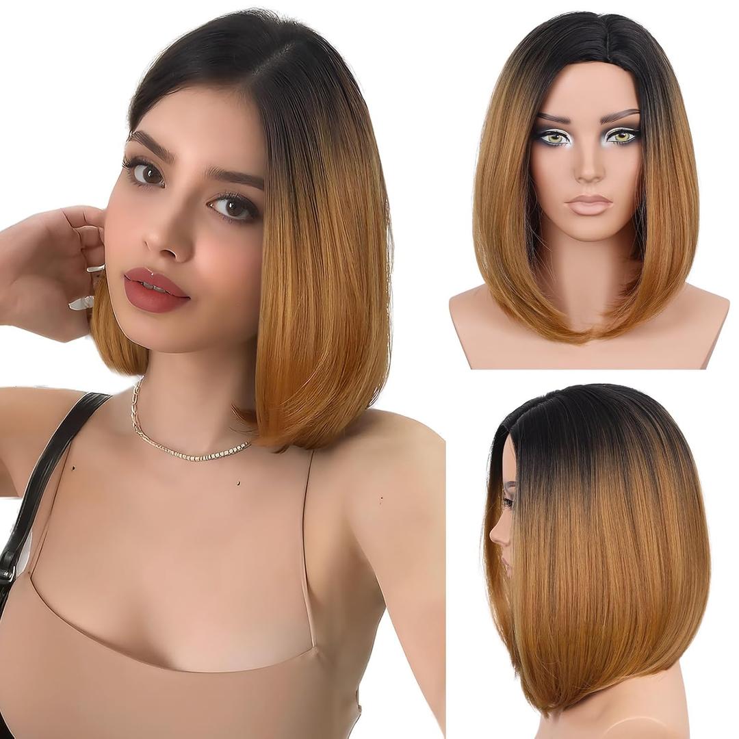 HANNE Honey Blonde Wig Short Bob Wigs Black to Honey Brown Wig Ombre Straight Bob Short Hair Wigs for Women Shoulder Length for Daily Use