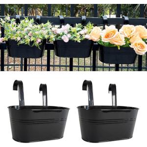12" Balcony Railing Planters, Outdoor Hanging Planter for Fence, Stylish Metal Porch Deck Flower Pot for Herbs & Succulents (Black, Pack of 2)