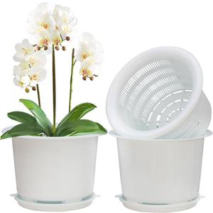 8 Inch Orchid Pots with Holes and Saucers,Double Layer Plastic Large Orchid Planter Pot,Flower Pots for Indoor Outdoor Flower Plants,Orchids,Herbs,Snake Plants and Succulents