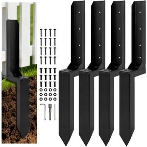 Heavy Duty Fence Post Anchor, Thickened Fence Post Repair Kit, Ground Stakes for Repair Tilted, Broken Wood Posts Support (4-Pack Black)