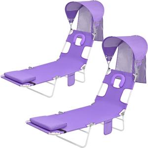 Backpack Beach Tanning Chair with Canopy Sun Shade & Face Hole, 6 Position Folding Lounge Sun Chair for Adults Outside Reading Sunbathing Poolside Camping Lawn, UPF 50+, 2 Pack, Patent Design (Purple)