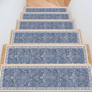 Stair Runner Non Slip 15 Pack, Stair Treads for Wooden Steps 8" X 30" Stain Resistant, Washable Stair Carpet Rug with Silicone Backing for Kids Elders and Dogs (Blue)