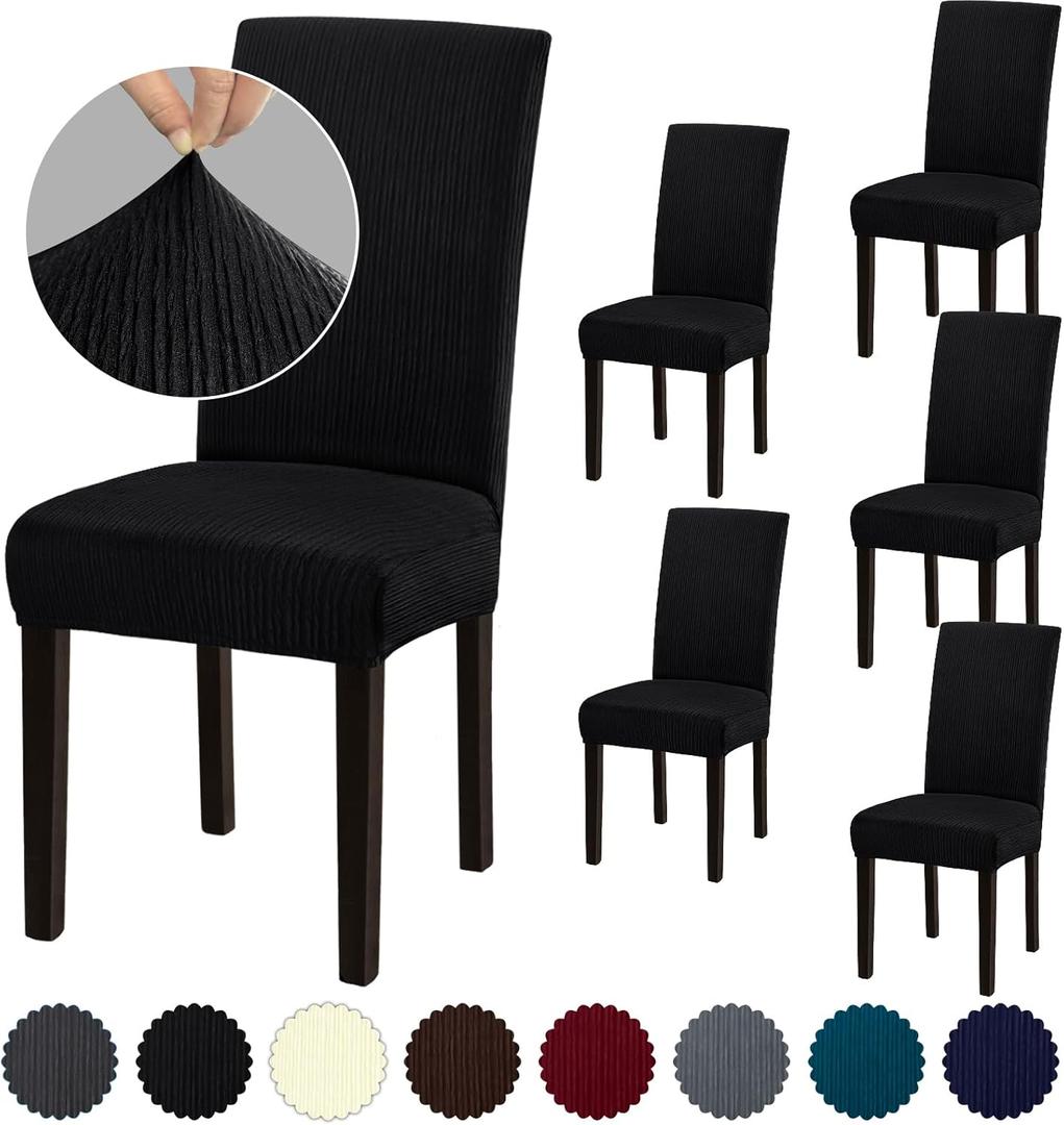 Stretch Dining Room Chair Covers Set of 6, Removable Washable Chair Covers for Dining Chairs,Dining Room, Hotel, Ceremony (Large-6 Pcs, .Black)