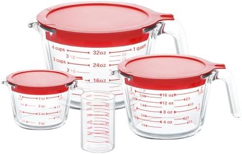 KOMUEE Only 3 Piece Glass Measuring Cups Set, 5 Oz, 1-Cup, 2-Cup, 4-Cup Liquid Measuring Cups with Lids for Kitchen, Freezer and Microwave Safe