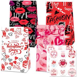 mdgfge Valentine's Day Paper Bags Heart Love Candy Paper Bags Party Favor with Tag Sticker Decals Red Black Candy Treat Present Wrapping Bags for Wedding Party Decor Supplies (12Pcs)