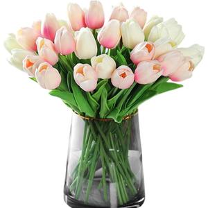 20pcs White Faux Tulips Flowers Fake Flowers Bouquets 13.5" Mother's Day Easter ValentineS Day Gifts in Home Kitchen Wedding Dining Table Decorations Aesthetic No Odor (White and Pink)