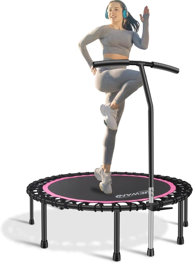 Newan 40"-48" Silent Mini Trampoline Fitness Trampoline Bungee Rebounder Jumping Cardio Trainer Workout for Adults-Max Limit 330lbs (48" Round Pink (have Handle))