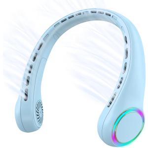 Portable Neck Fan, Personal Fan with 4000mAh Battery, Rechargeable Neck Fan with 3 Speeds and 64 Cool Lights, Birthday Gifts for Men Women Mom Dad, Hands Free Cooling fan for Summer(Blue)