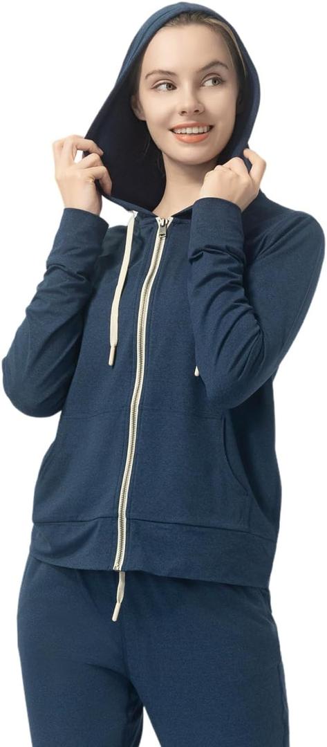 Women's Stretch Athletic Full Zip Hoodie - Kangaroo Pockets, Comfort Workout Jacket for Active & Relaxed Days (M)