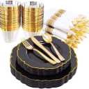 Morejoy 175PCS Black Gold Plastic Plates, Black Plates with Rolled Napkins: 50 Plates, 25 Spoons, 25 Forks, 25 Knives, 25 Cups for Wedding & Party & Birthday & New Year (175PCS, Black and Gold)