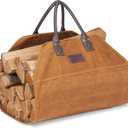 GOOD GAIN Firewood Carrier Waxed Canvas with Faux Leather Handle, Wood Carrier for Firewood, 36x18.5in Heavy Duty Firewood Storage Tote, Fireplace Log Carrier Indoor Bag, Wood Stove Accessories. Khaki