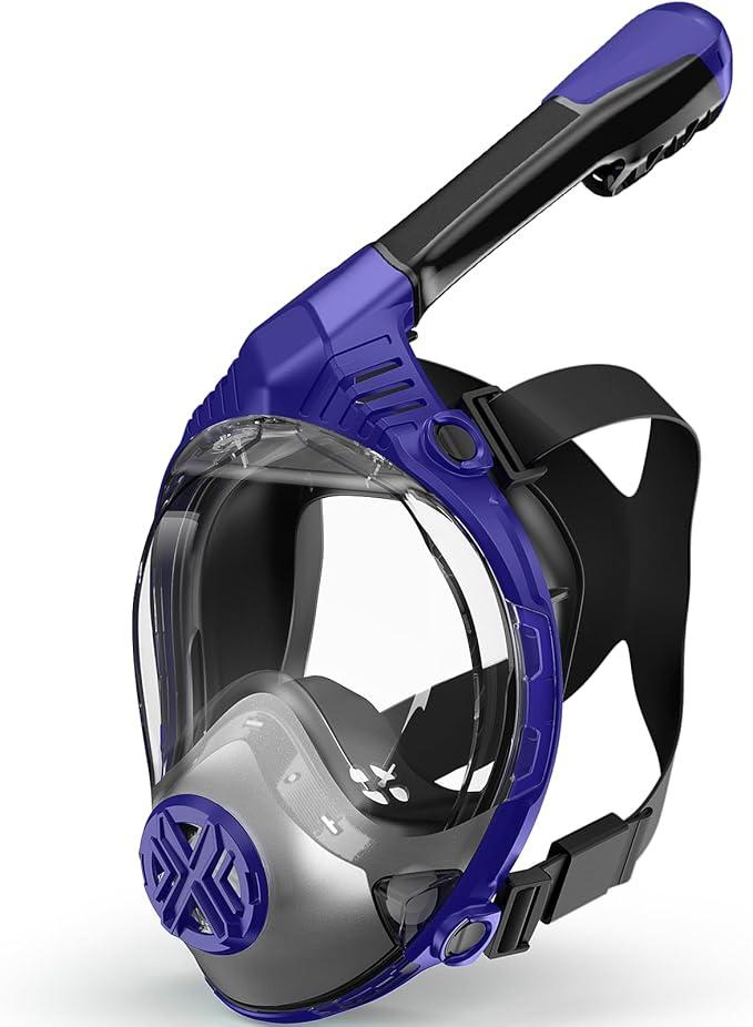 Full Face Snorkel Mask- Snorkeling Gear for Adults with Safe Dry Top Breathing System, Latest Foldable Panoramic View Snorkeling Mask for Men and Women, Anti Fog Anti Leak (Small-Medium, Dark Blue)