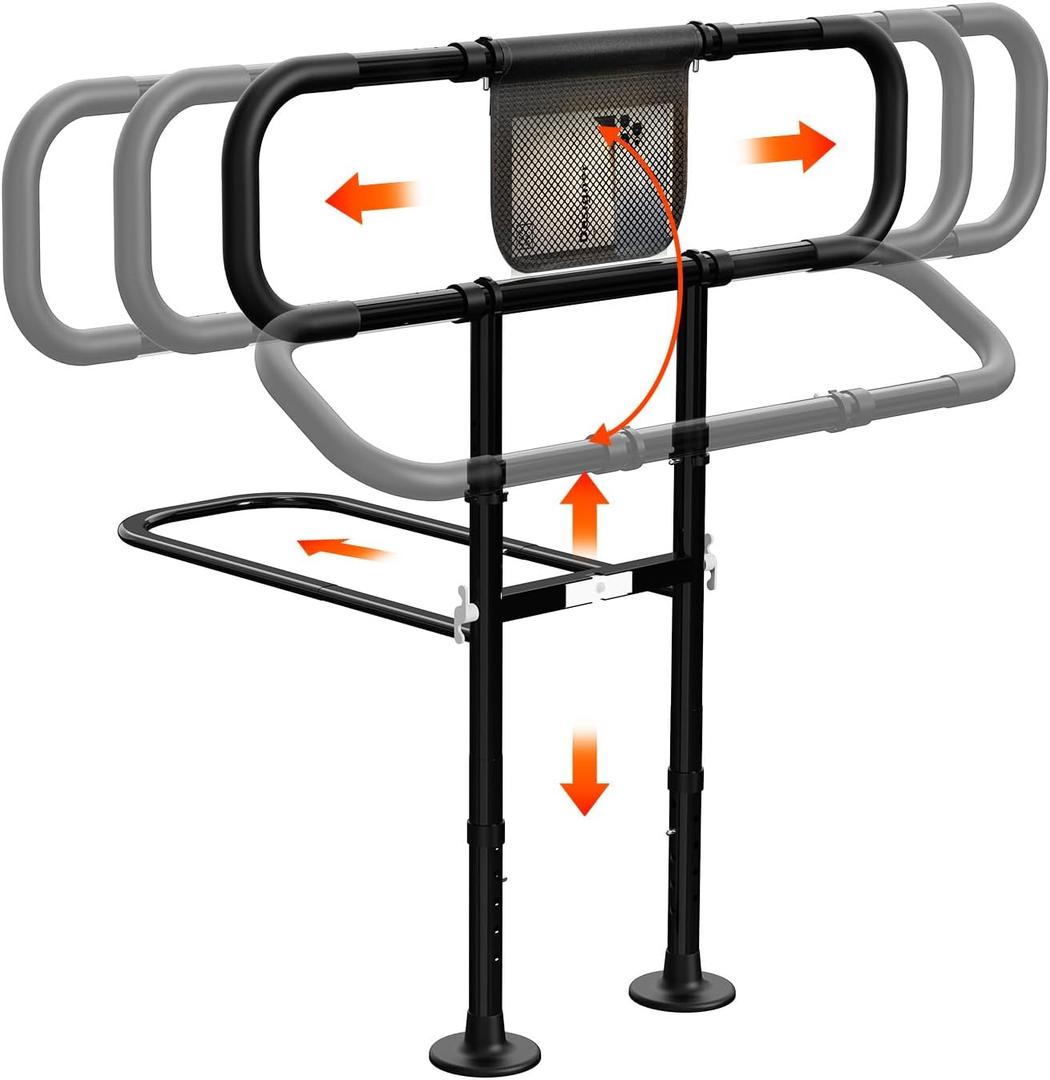 Zelvia Bed Rails for Elderly Adults Safety with Motion Light & Storage Pouch - Retractable & Foldable Bed Handrails Assist Bedrails for Seniors, Surgery Patients & Handicap (Black)