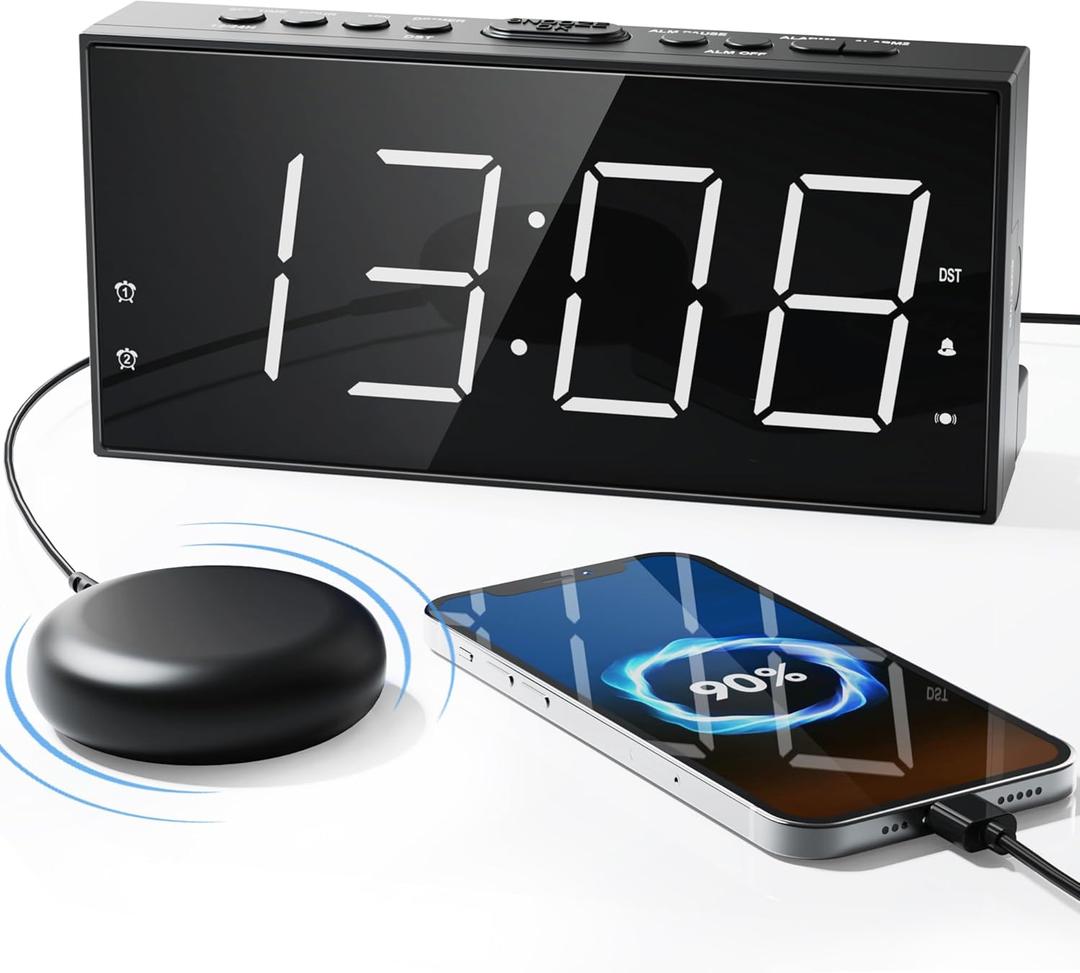 Loud Alarm Clock with Bed Shaker for Heavy Sleeper, Dual Vibrating Alarm Clock with USB Charger for Hard of Hearing/Deaf, 7.5 Large LED Display with Dimmer, Snooze, 12/24H & Battery Backup (White Digits, Thin Font)