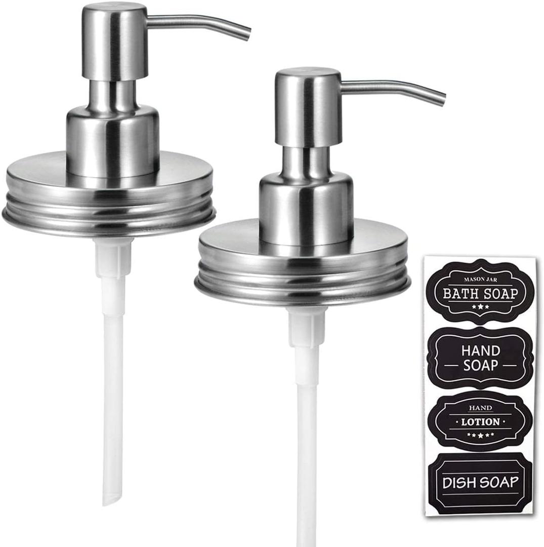 Amolliar Mason Jar Liquid Soap Dispenser Lid, Rustproof Stainless Steel, Cute Farmhouse Decor for Kitchen, Bathroom, Refill Liquid Soap Pump for Hand Soap, Dish Soap, Lotion Soap, Brushed Nickel 2Pack