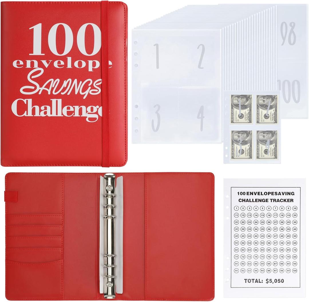 100 Envelopes Money Saving Binder A5 Savings Challenge Book Easy and Fun Way to Save $5050 (Red)