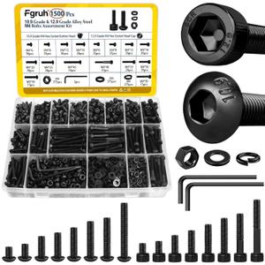 1500PCS M4 Screws with Nuts Assortment Kit, M4x6/8/12/16/20/25/30/40 mm Hex Socket Button & Cap Head Bolts Nut and Washers Set, 12.9 & 10.9 Grade Black Zinc Plated for DIY, 3D Printer