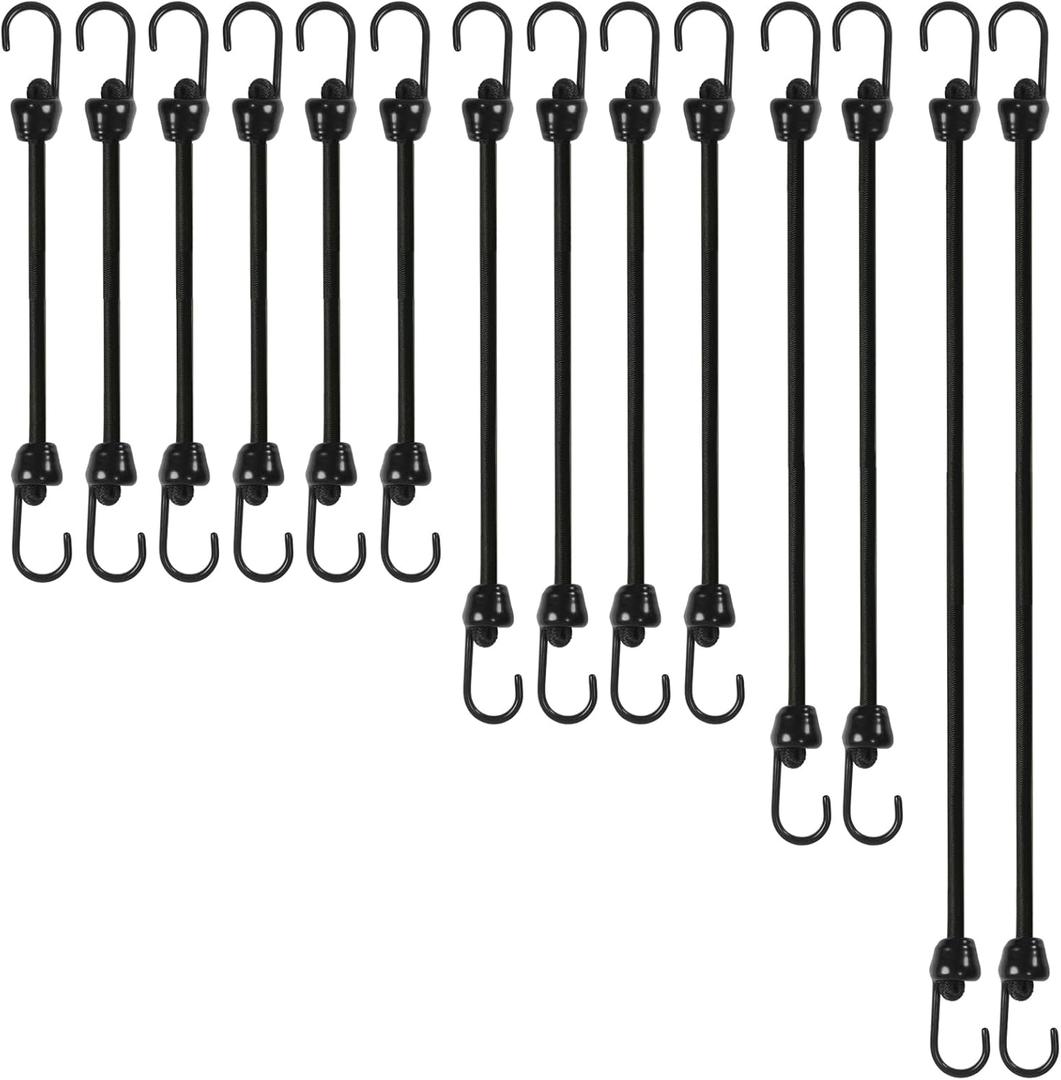 Small Bungee Cords with Hooks Assorted Size of 12 inch, 18 inch,24 inch and 36 inch Length, Marine Grade Dip Coating Metal Hooks Without Sharp End, 1/4 inch Diameter Rubber Bungee Cord