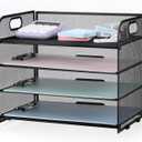 4-Tier Mesh Letter Tray Paper Organizer, Desk File Organizer with Handle - Black