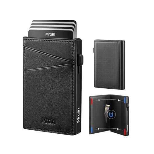 Mrain Men's Slim Premium Leather Wallet Pop Up Card Holder RFID Blocking Metal Wallet with Push Button Minimalist Design for Credit Card Holder Magnetic Closure (Black)