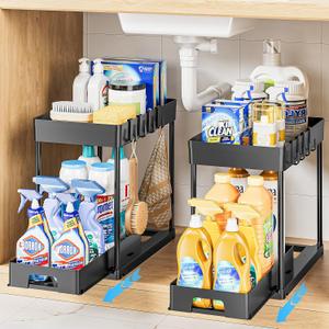 Delamu 2 Pack Under Sink Organizers and Storage, 2 Tier Pull Out Under Cabinet Organizer, Black Under Sink Storage for Bathroom Kitchen, Under Counter Storage organizer with 8 Hooks