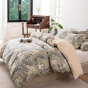 100% Natural Cotton 3pcs Duvet Cover Sets-Beige Duvet Cover with Luxurious Green, Gray & Yellow Leaves Patterns,Reversible Botanical Comforter Cover Sets with Button Closure(Queen,Paisley)