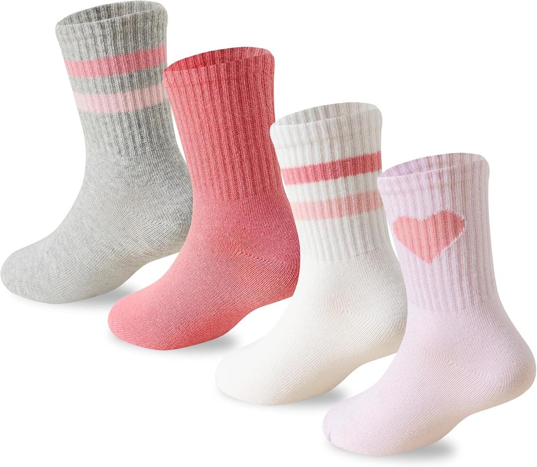 Girls Socks Kids Pink Crew Athletic Socks with Hearts Striped 4 Pairs for Children 4-12 Years