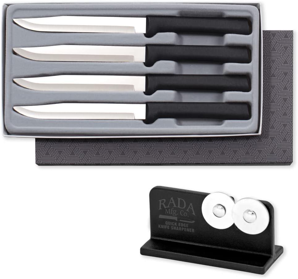 RADA Cutlery 4-Piece Utility Steak Knife Gift Set with Quick Edge Sharpener, Black Handles