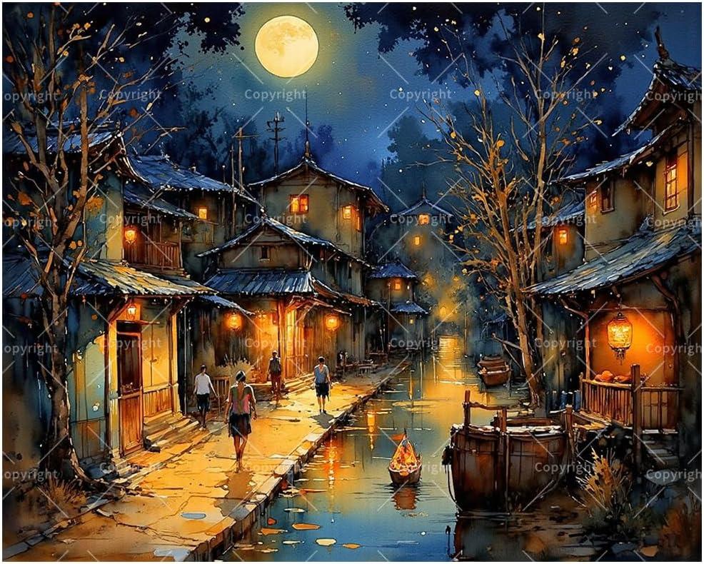 Landscape Paint by Numbers Kit for Adults - DIY Old Water Town at Night with Full Moon Painting on Canvas 16x20 Inches,Acrylic Paint Set,Suitable for Beginners,Asian Art for Decoration/Gifts
