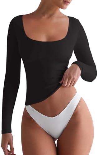 REORIA Womens Basic Square Neck Long Sleeve Shirts Double Lined Tops Tight Shirts Fall Outfits 2025 XL